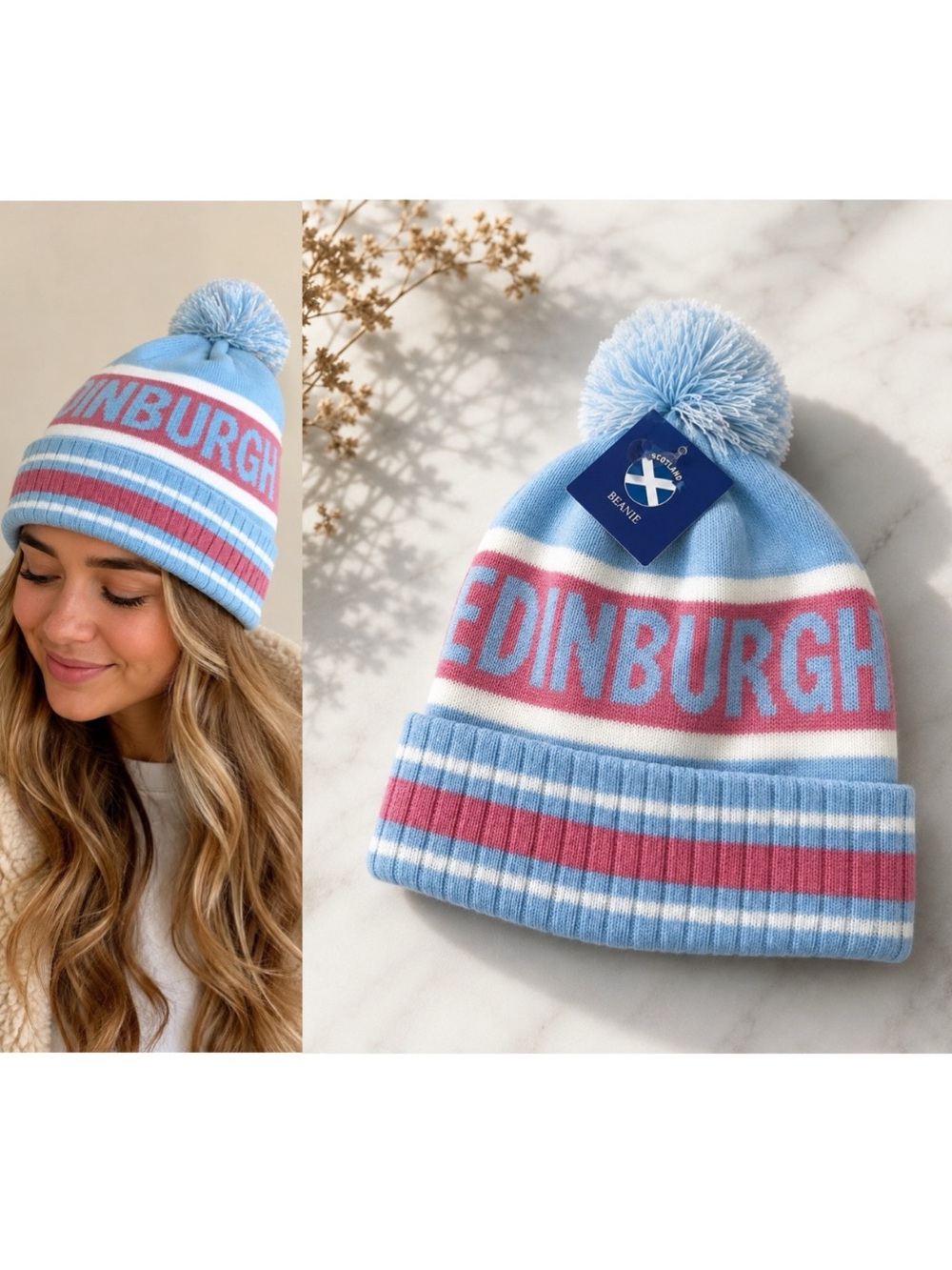 Light Blue and Pink Pom Pom Ski Cap Edinburgh, Scotland Beanie Hat NEW